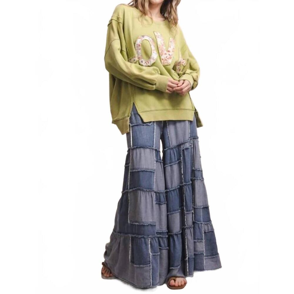 NEW BLUE VELVET wide leg patchwork chambray tiered pants in blue - Picture 6 of 6